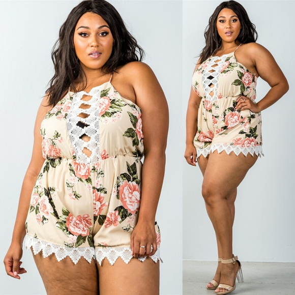 PLUS SIZE TAUPE SLEEVELESS CROCHET TRIM ROMPER - Picture 5 of 6